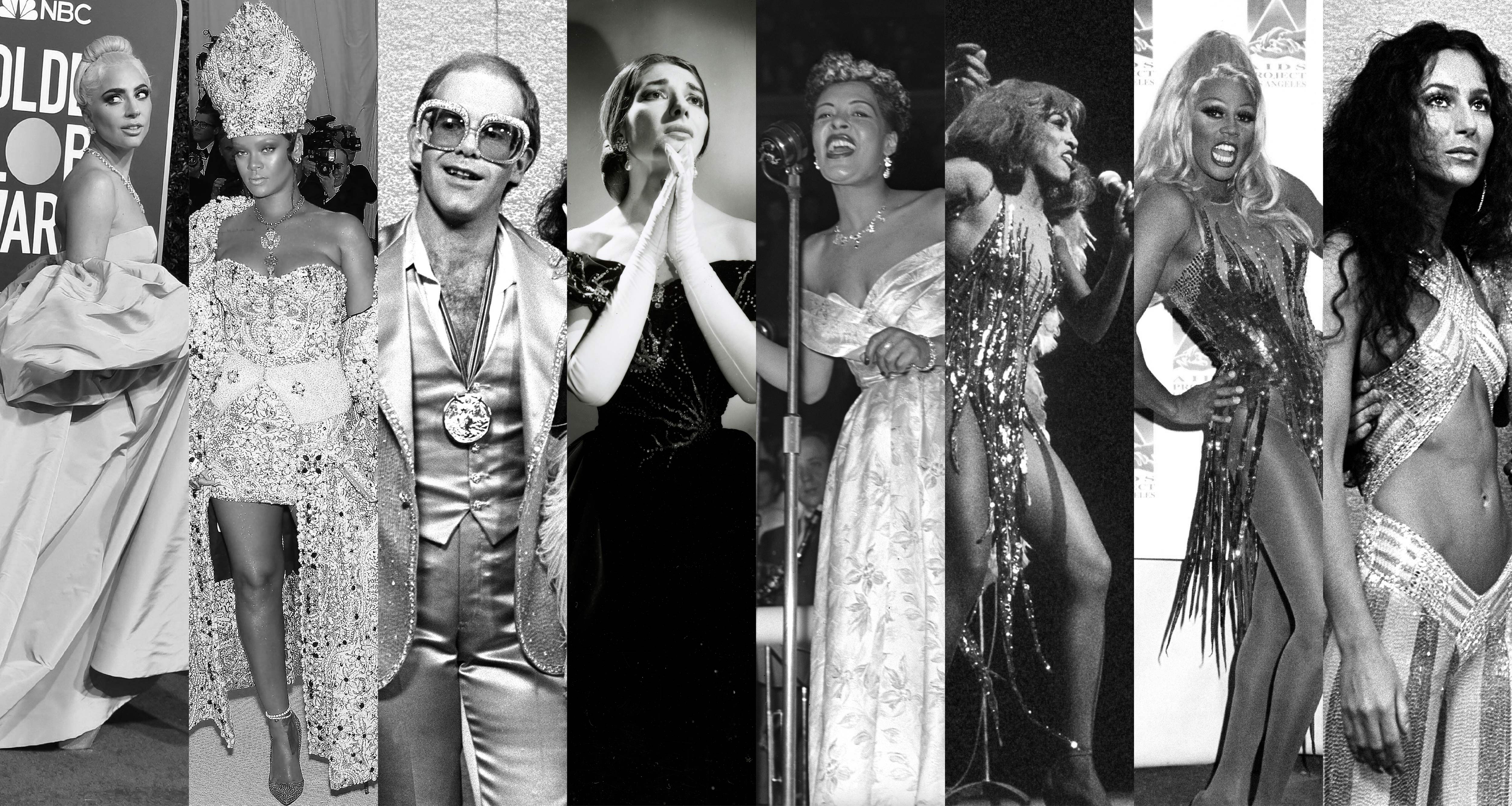 black and white photos of Lady Gaga, Rihanna, Elton John, Maria Callas, Billie Holliday, Tina Turner, RuPaul, and Cher side by side with the DIVA logo superimposed over the center