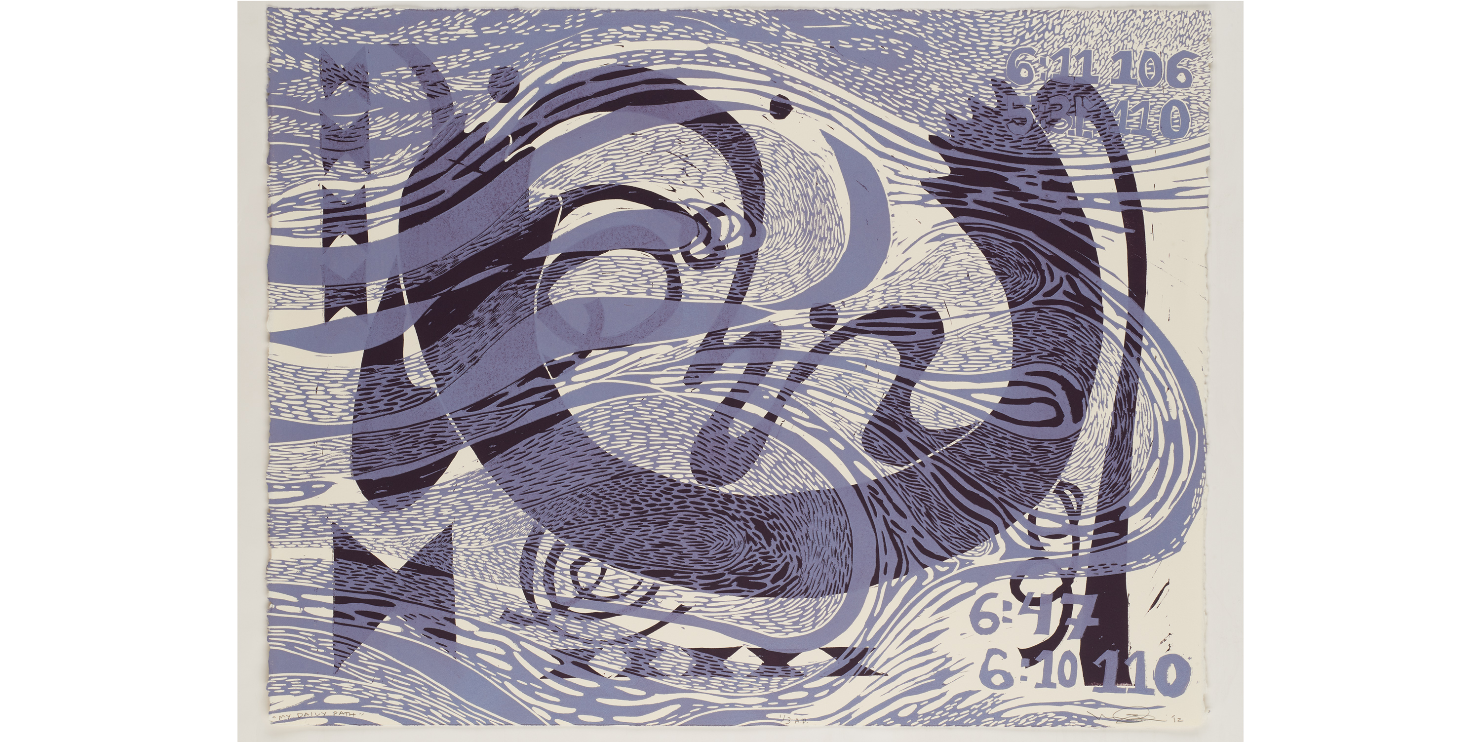 Abstract print with swirls of differently shaded patterns and numbers