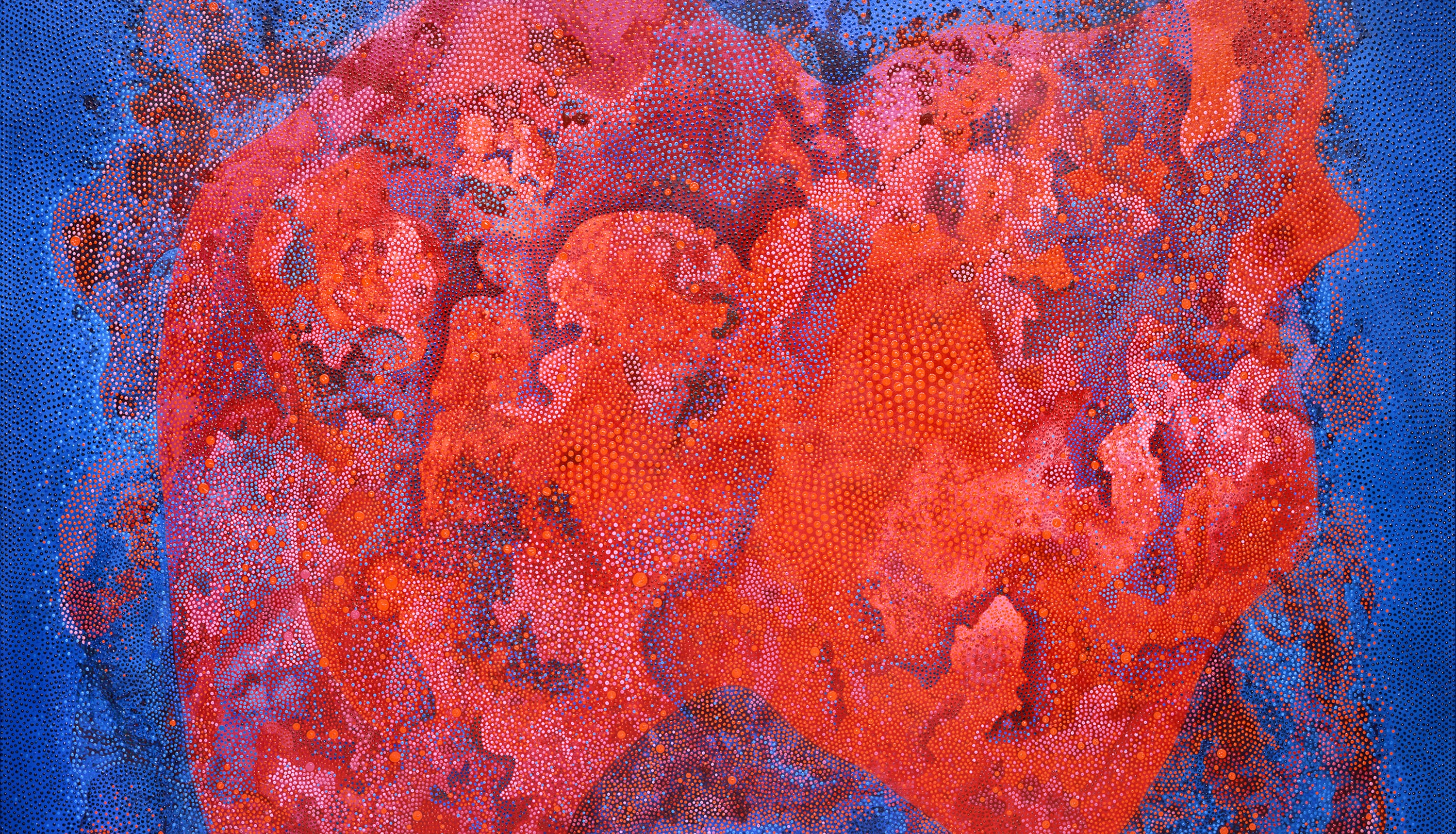 Abstract dot painting of amorphous blobs of red and blue