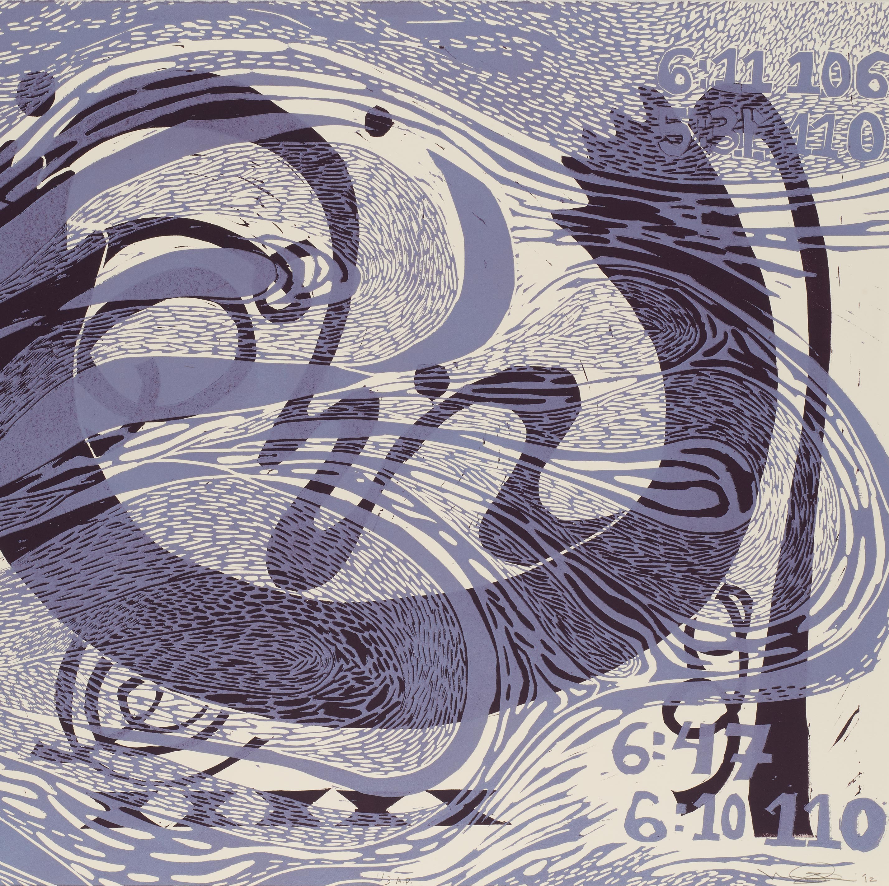 Abstract print with swirls of differently shaded patterns and numbers