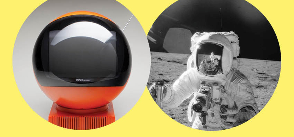 Two side by side images of a space helmet and a photograph of an astronaut on the moon
