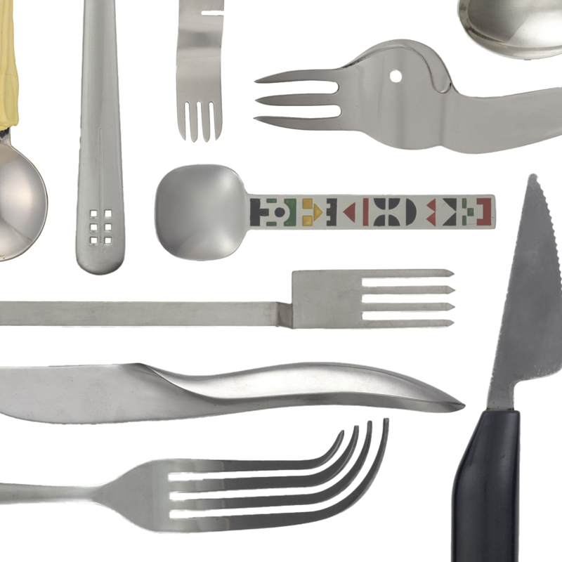 Repeating patterns of knives, forks, and spoons against a white background