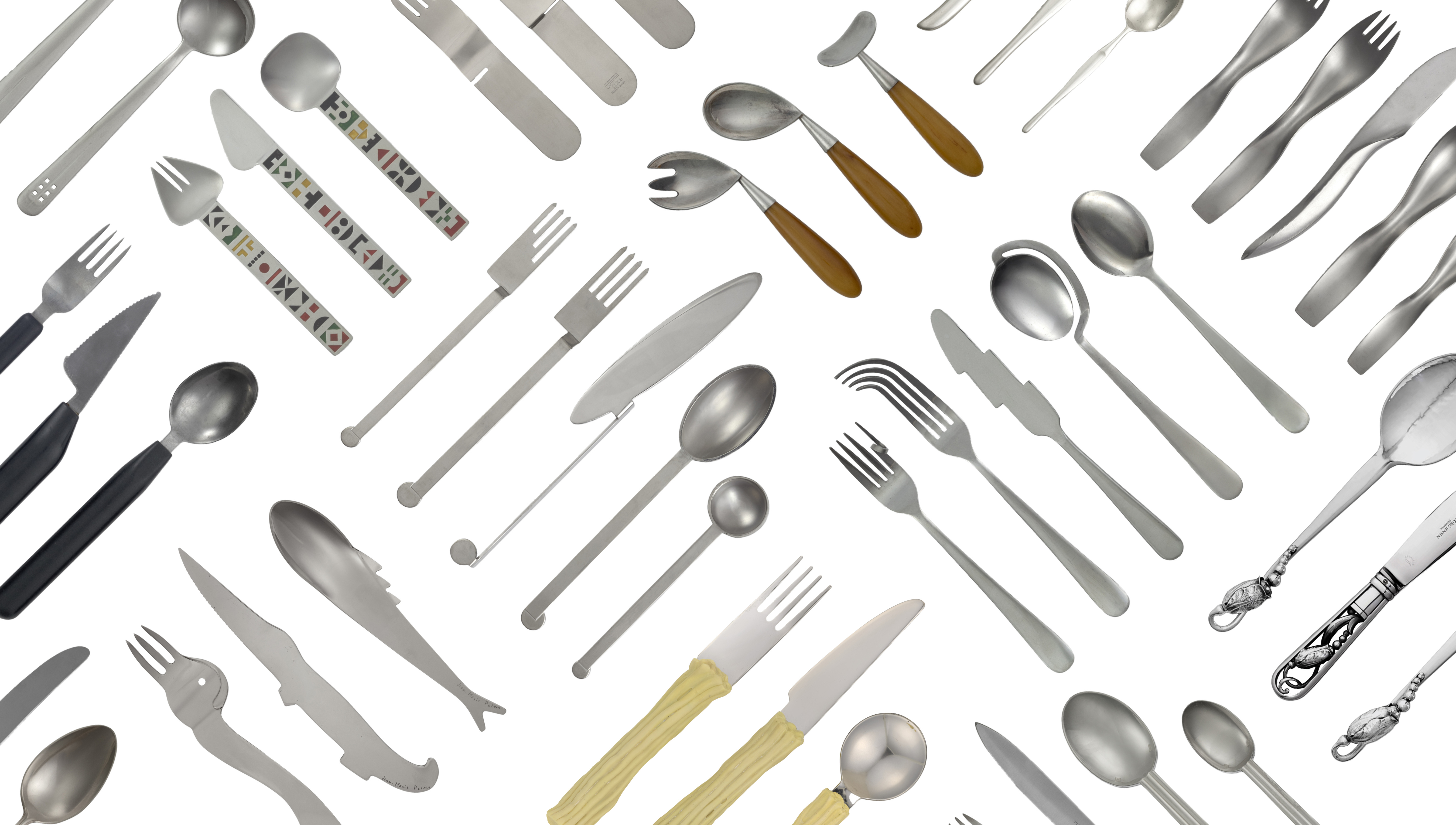 Repeating patterns of knives, forks, and spoons against a white background