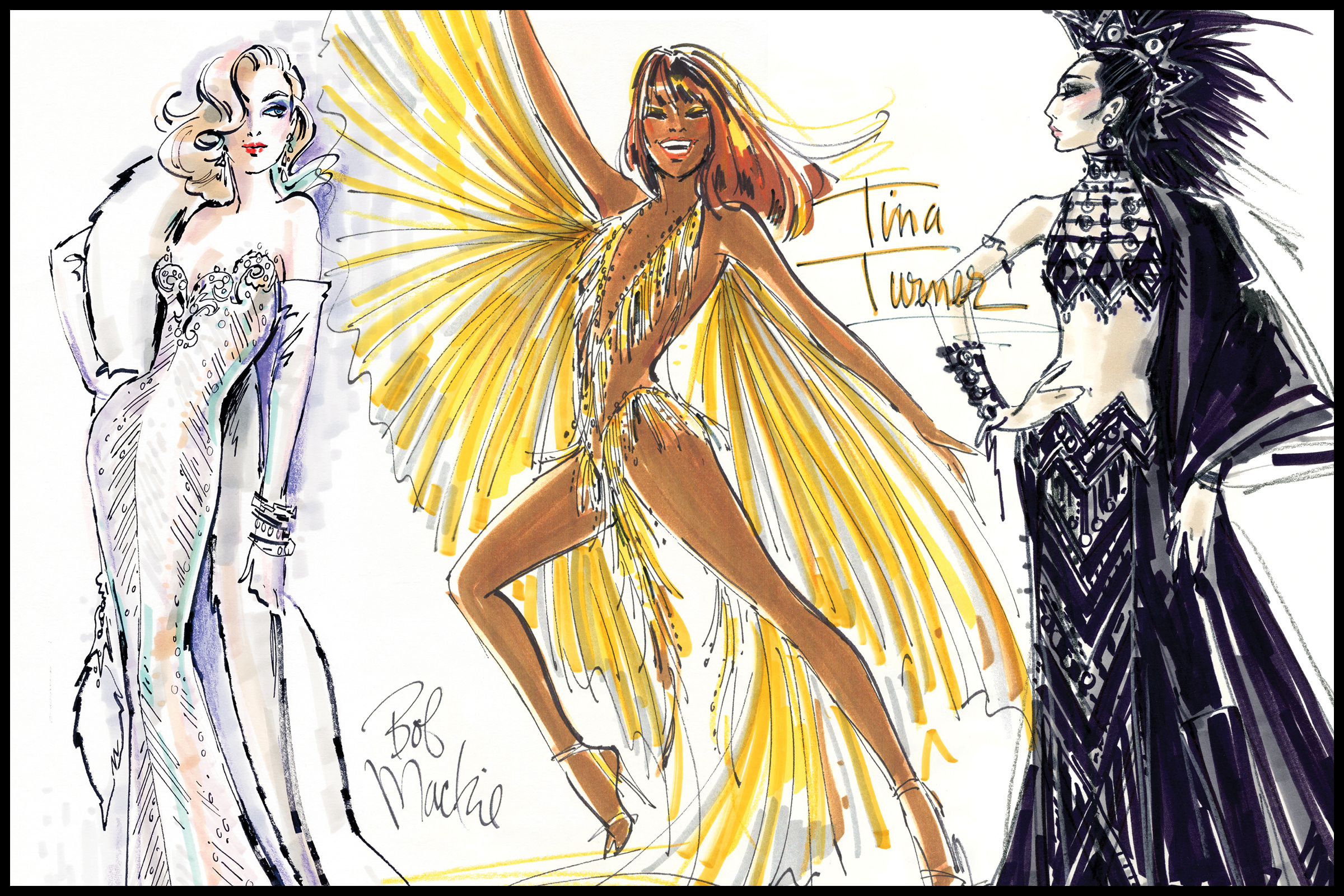 Colorful sketches by designer Bob Mackie of Tina Turner, Cher, and Diana Ross.