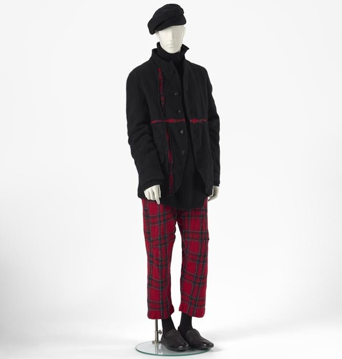 Male ensemble with a black jacket and red gingham pants