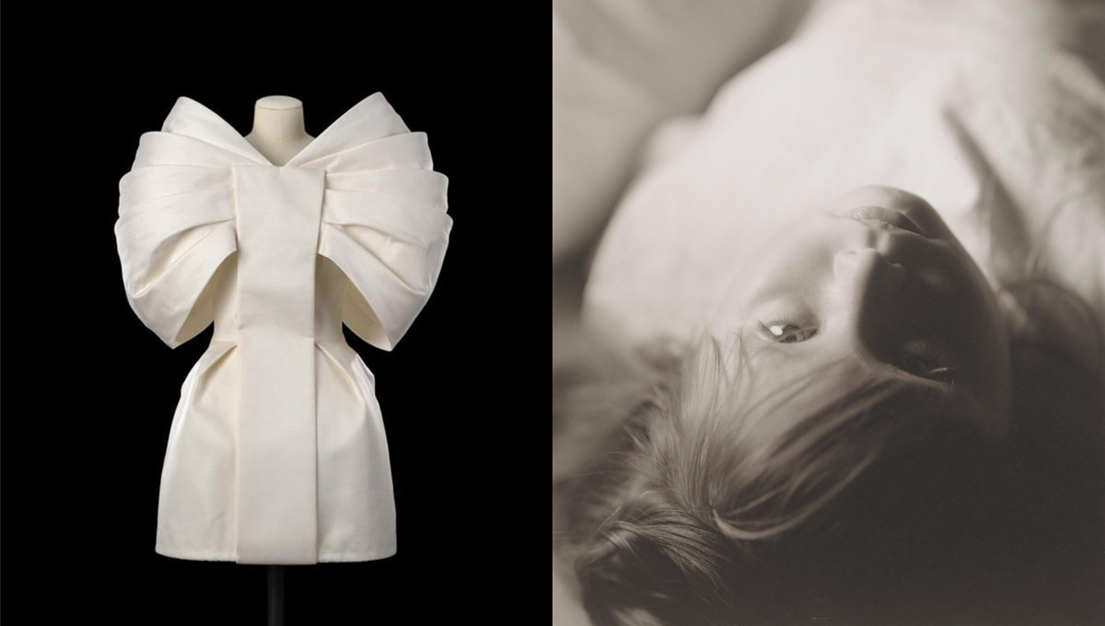 White formal dress on the left, photograph of a woman lying down on the right