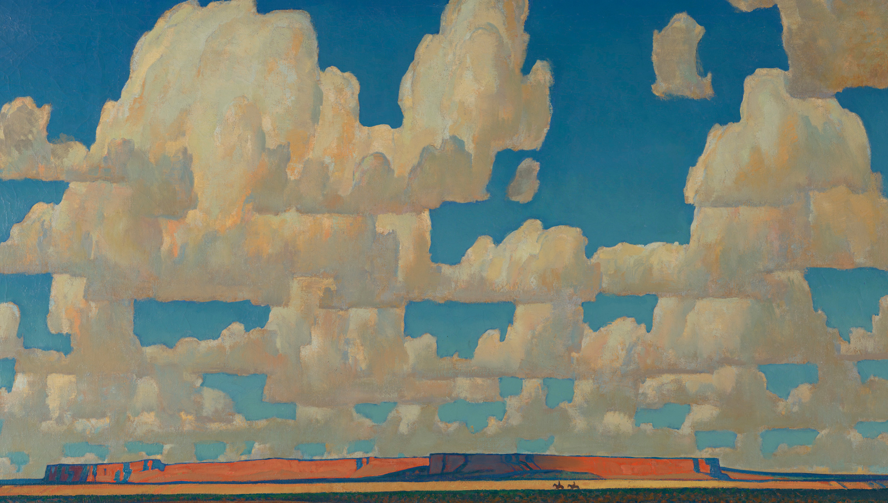 detail of painting showing billowy white clouds in a bright blue sky