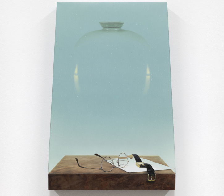 Three dimensional artwork of a walnut shelf with various items juxtaposed against a painting resembling a jar