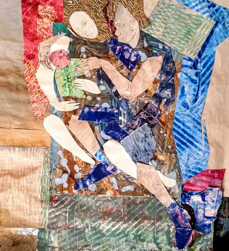 Mixed media artwork of a couple embracing a small child