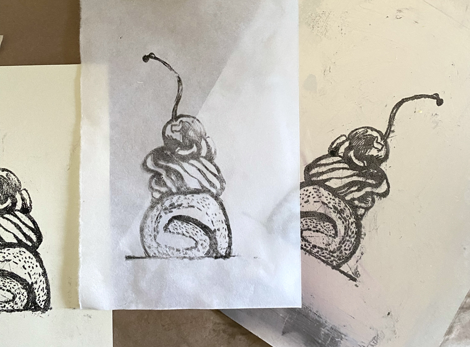 Three kitchen-inspired print drawings lined up in a row