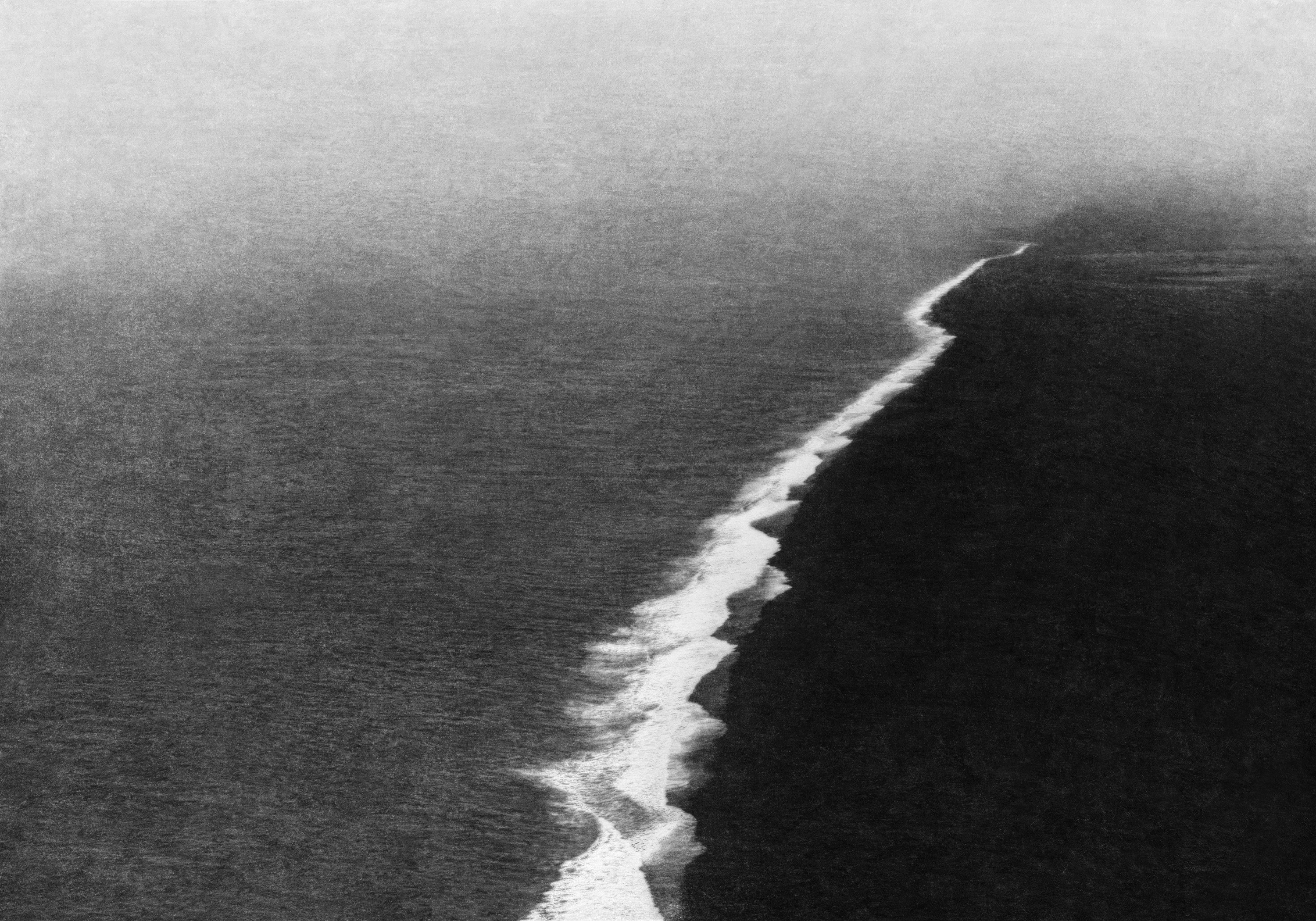 Black and white artistic rendering of an ocean coastline