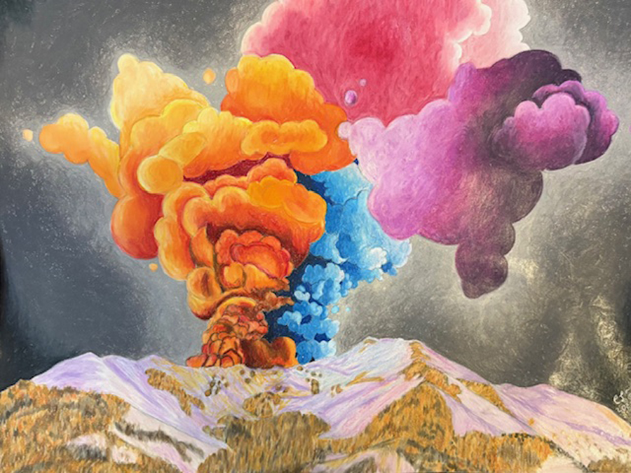Burning flames rising out of a snow-capped mountainscape