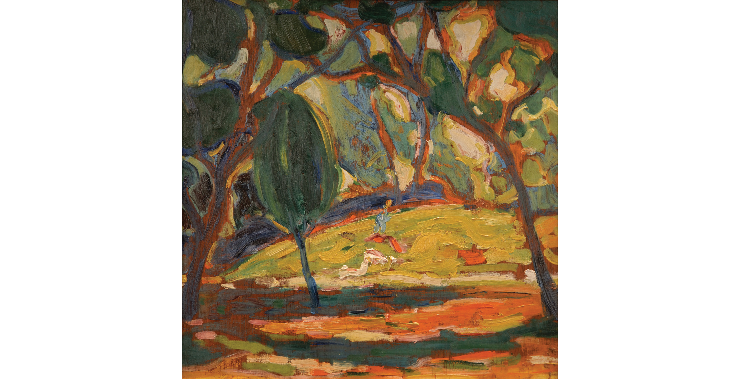Autumnal forest landscape with a figure in motion in the center of the frame
