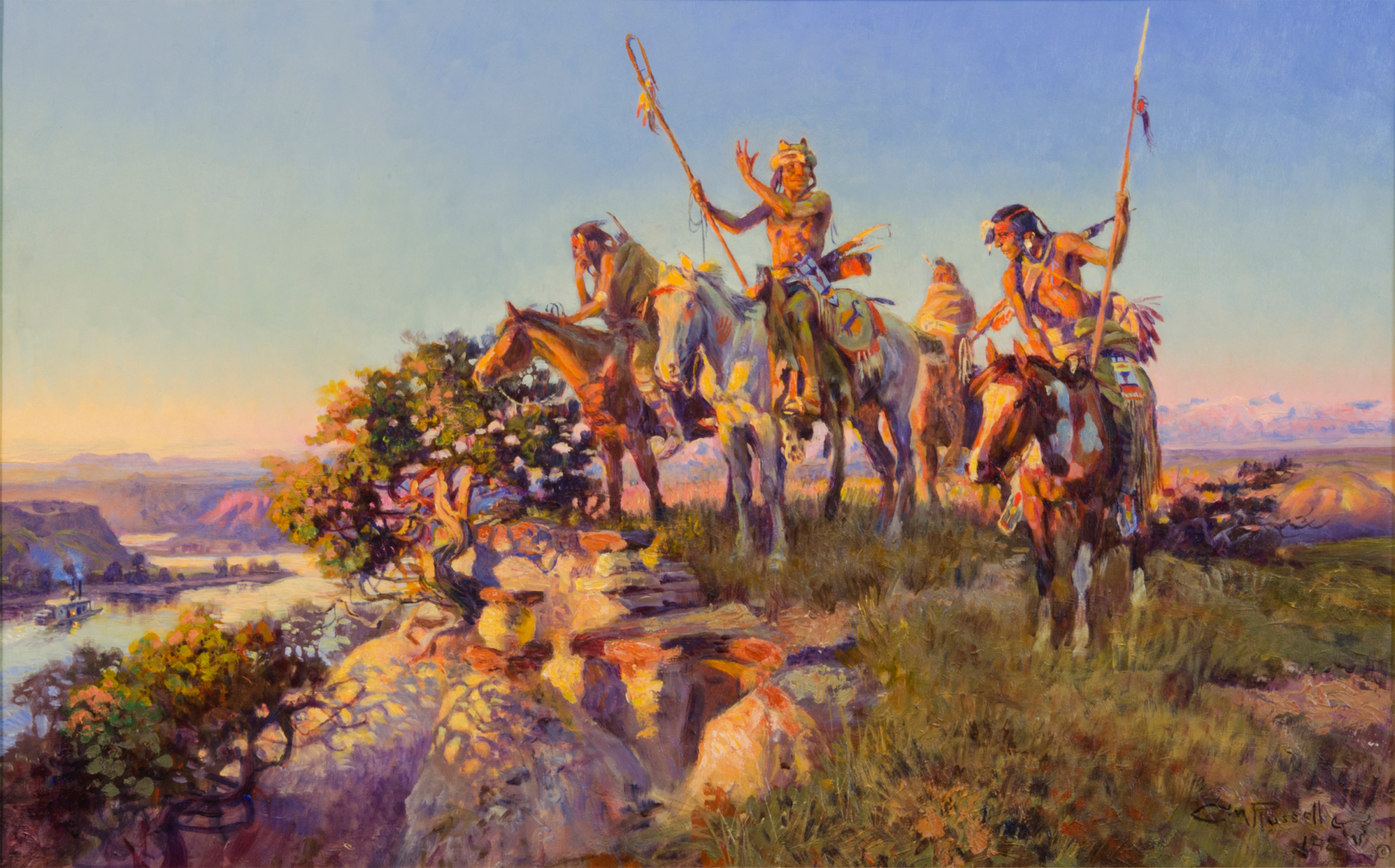 Three Native American men on horseback looking out at the top of a ridge