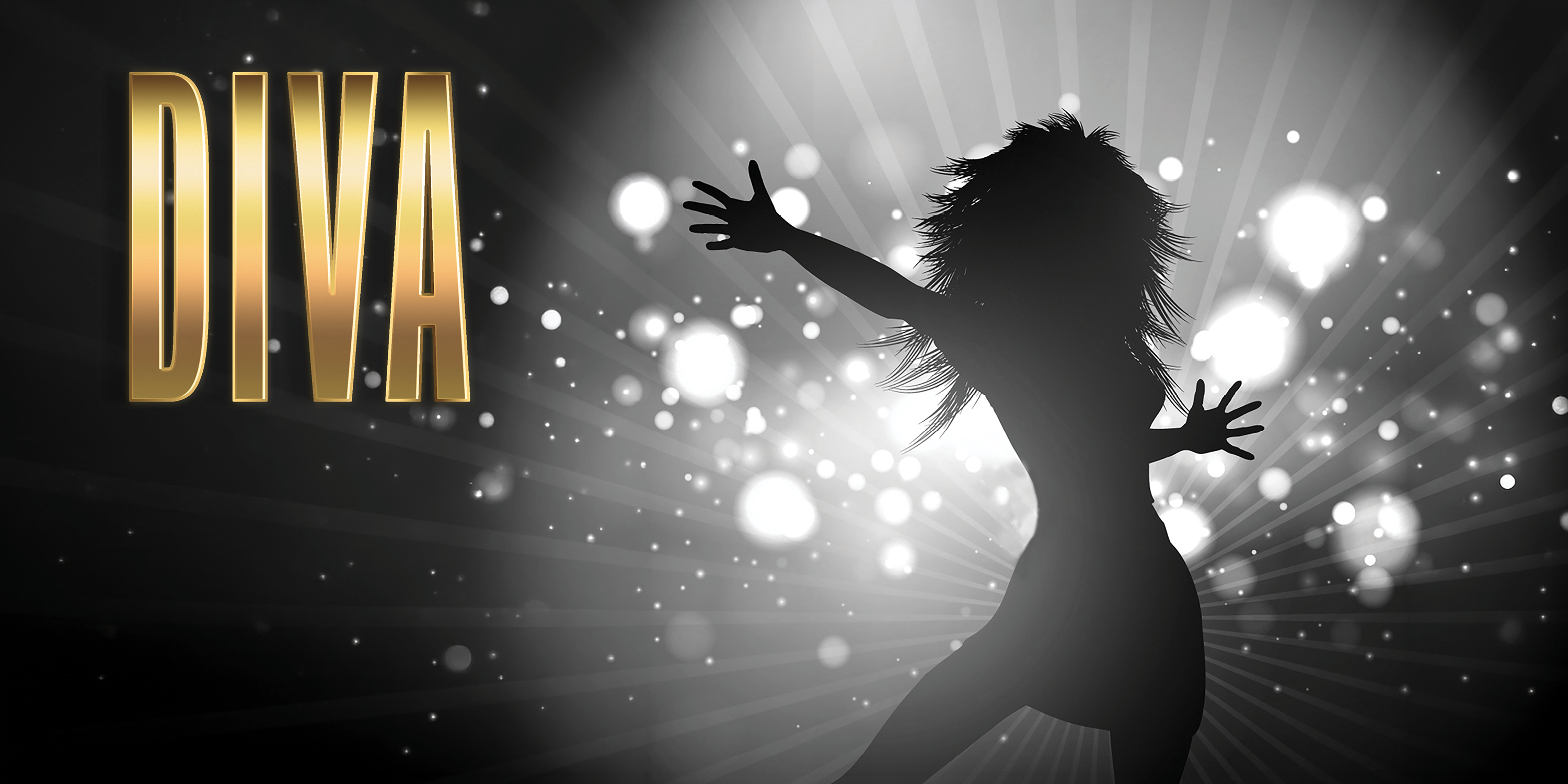 gold letters spell DIVA next to Black and white silhouette of a female singer under stage lights