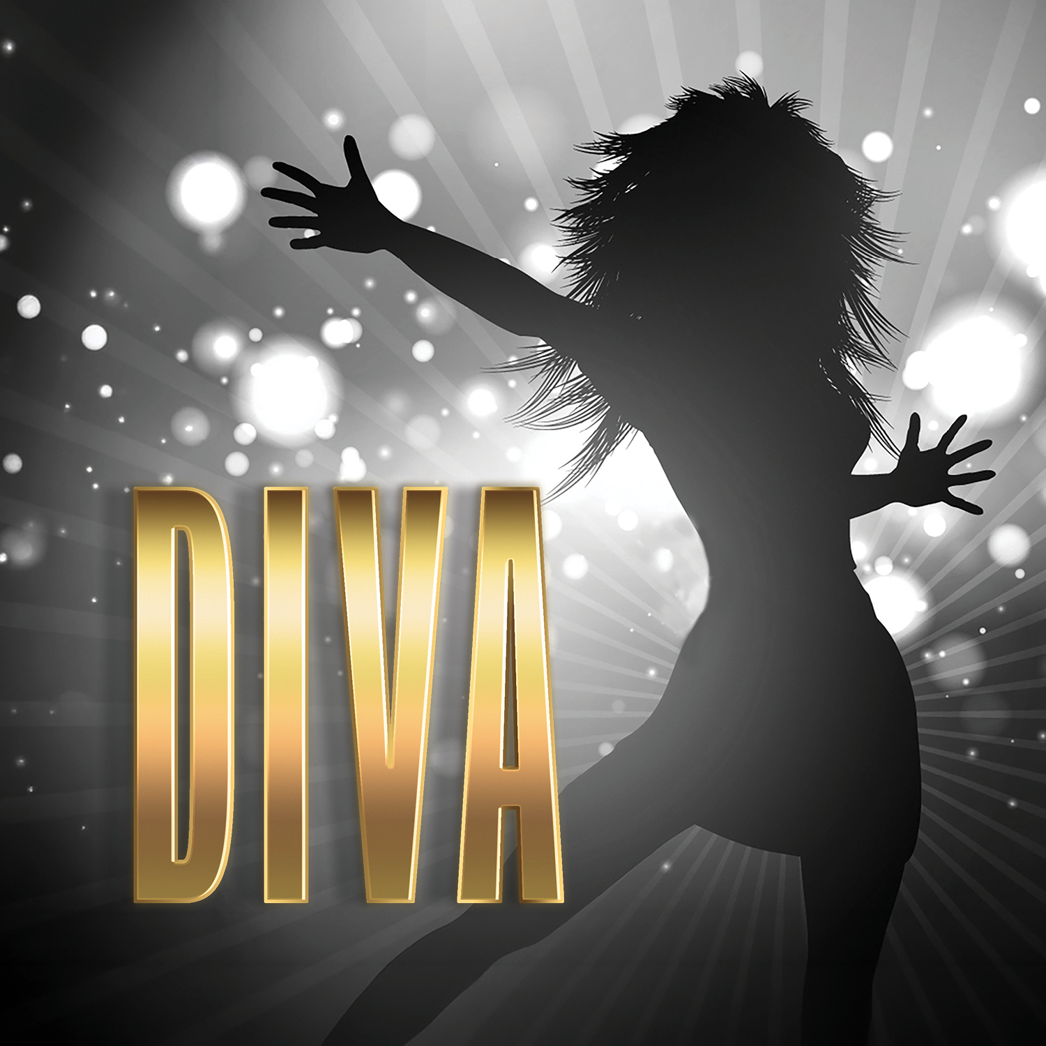 gold letters spell DIVA next to black and white silhouette of a female singer under stage lights