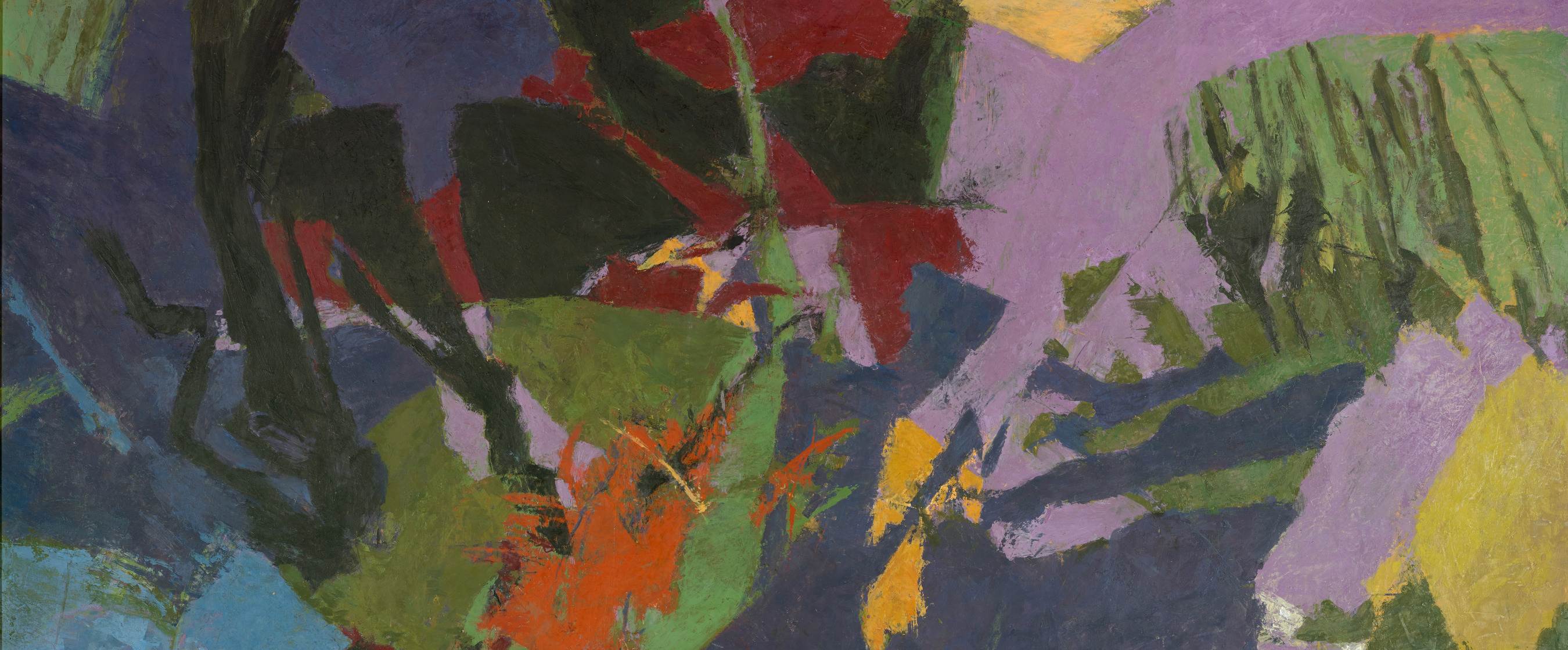 Abstract colorblock artwork of green, purple, orange, and more interweaving colors