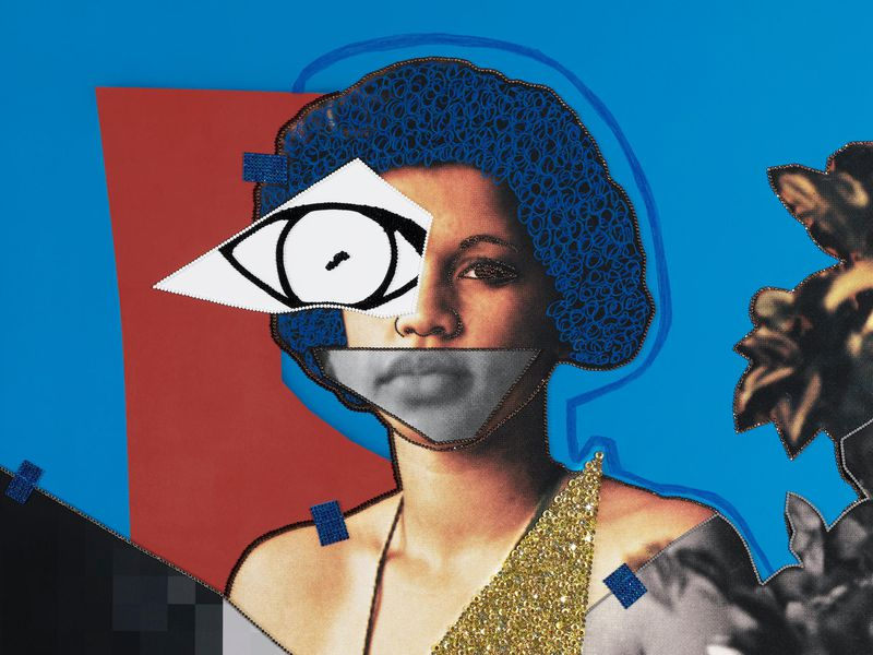Abstract collage of an African American woman sitting in profile