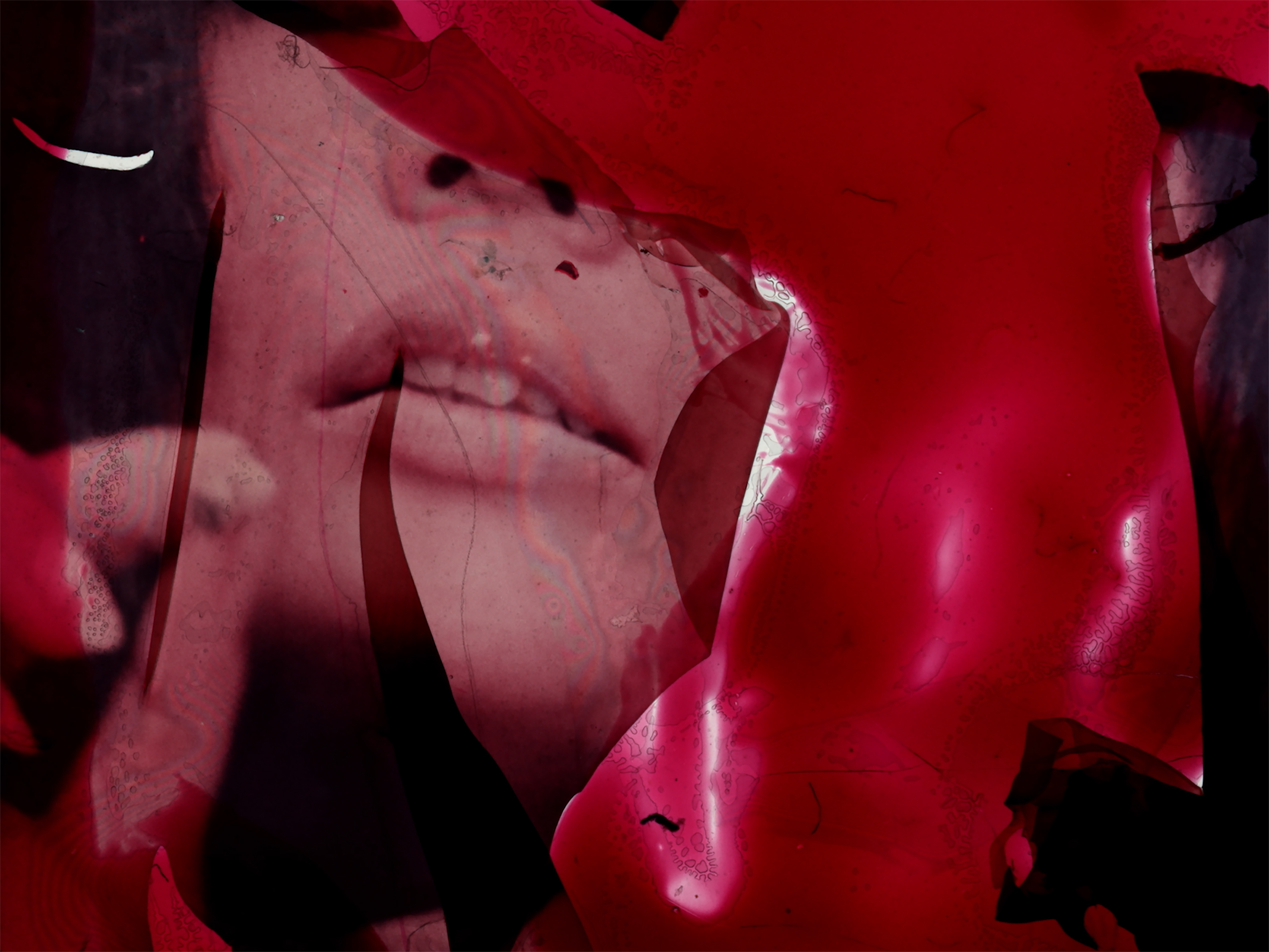 Film still of a woman bathed in red abstractions