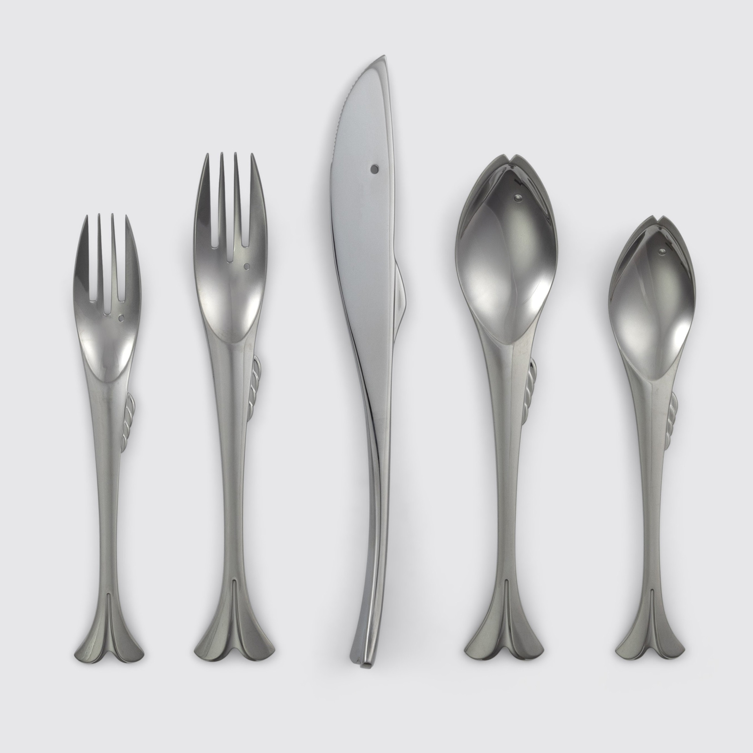 2 forks, 1 knife, and 2 spoons shaped like fish