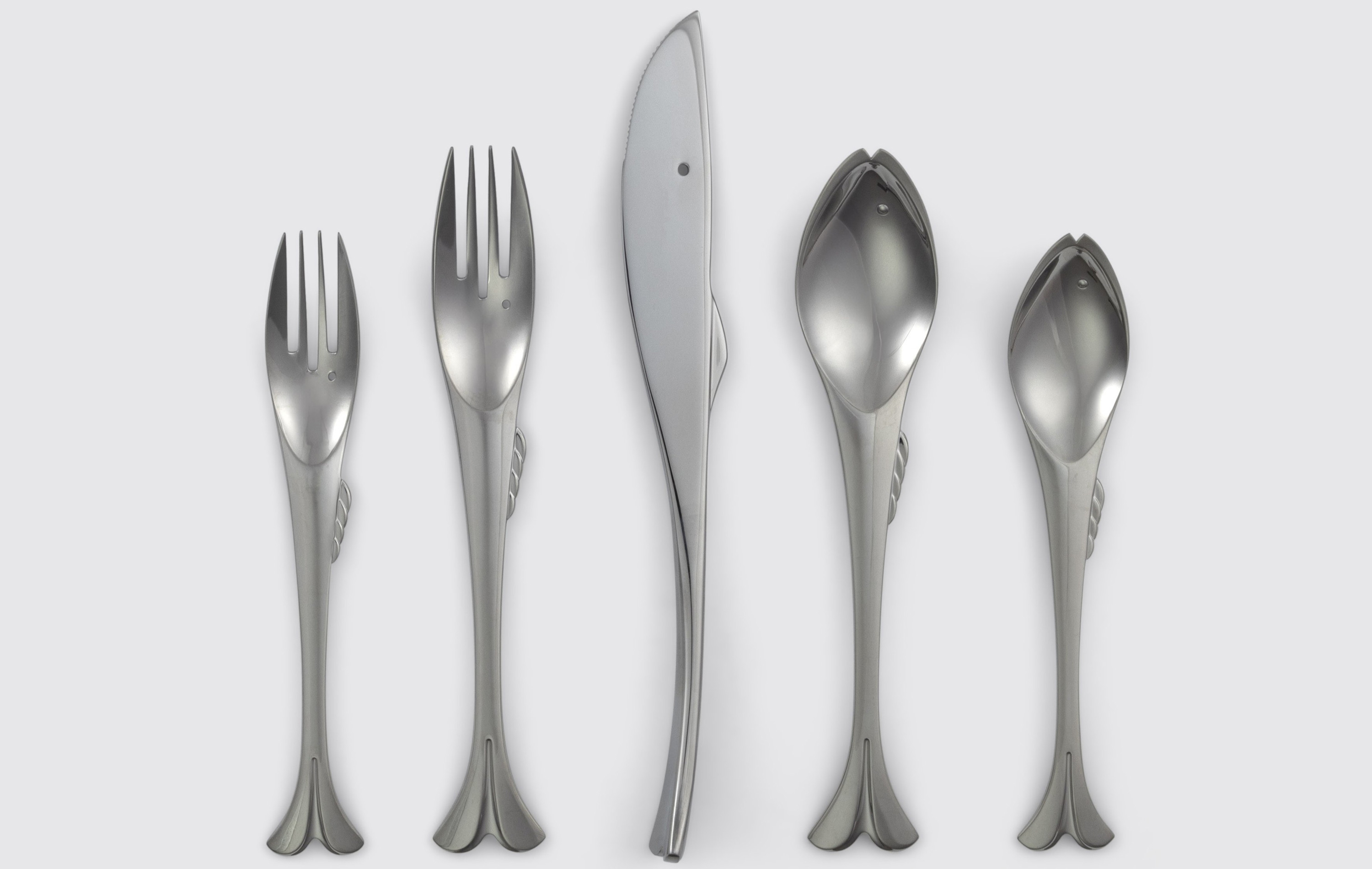 2 forks, 1 knife, 2 spoons shaped like fish