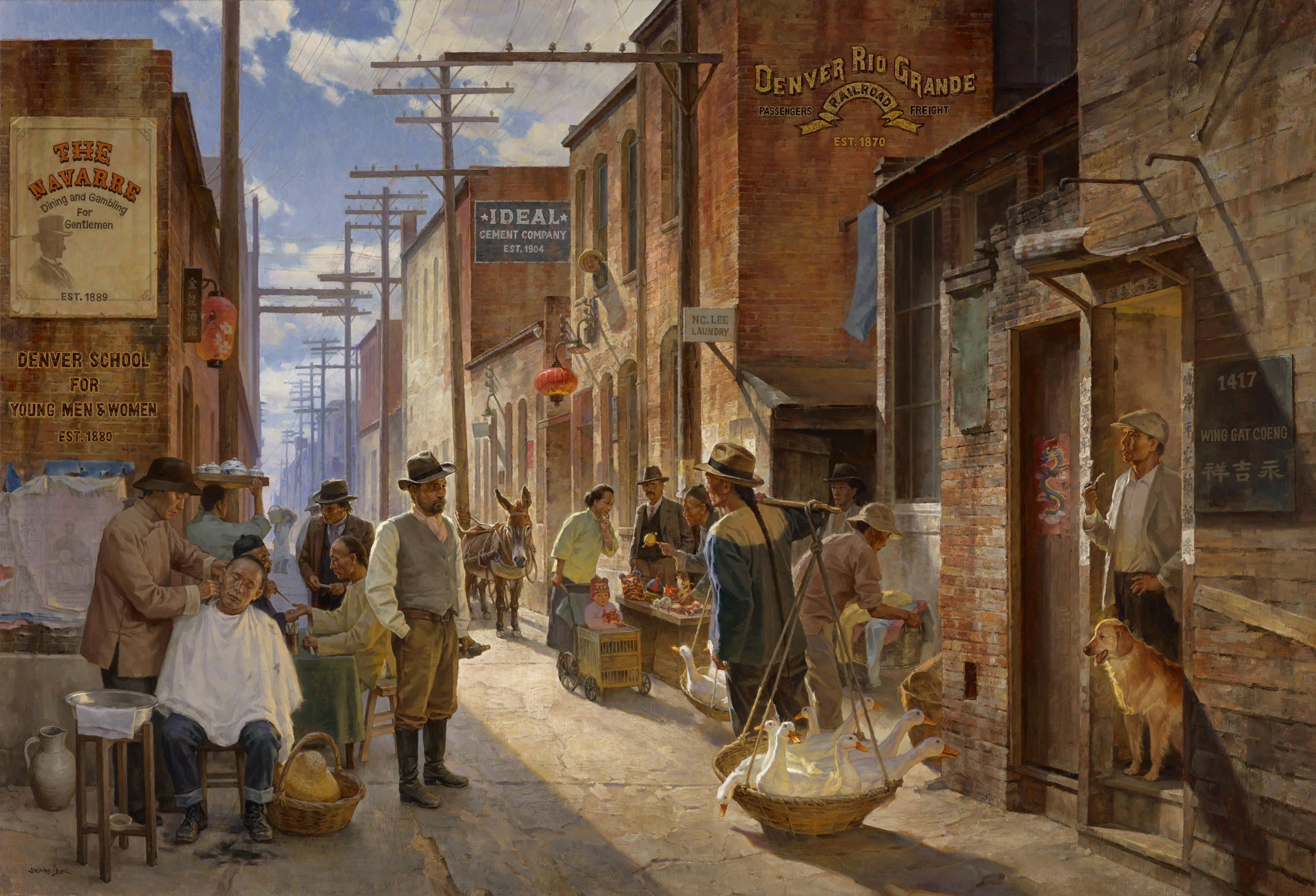 Group of Chinese immigrants standing and interacting in a city alleyway