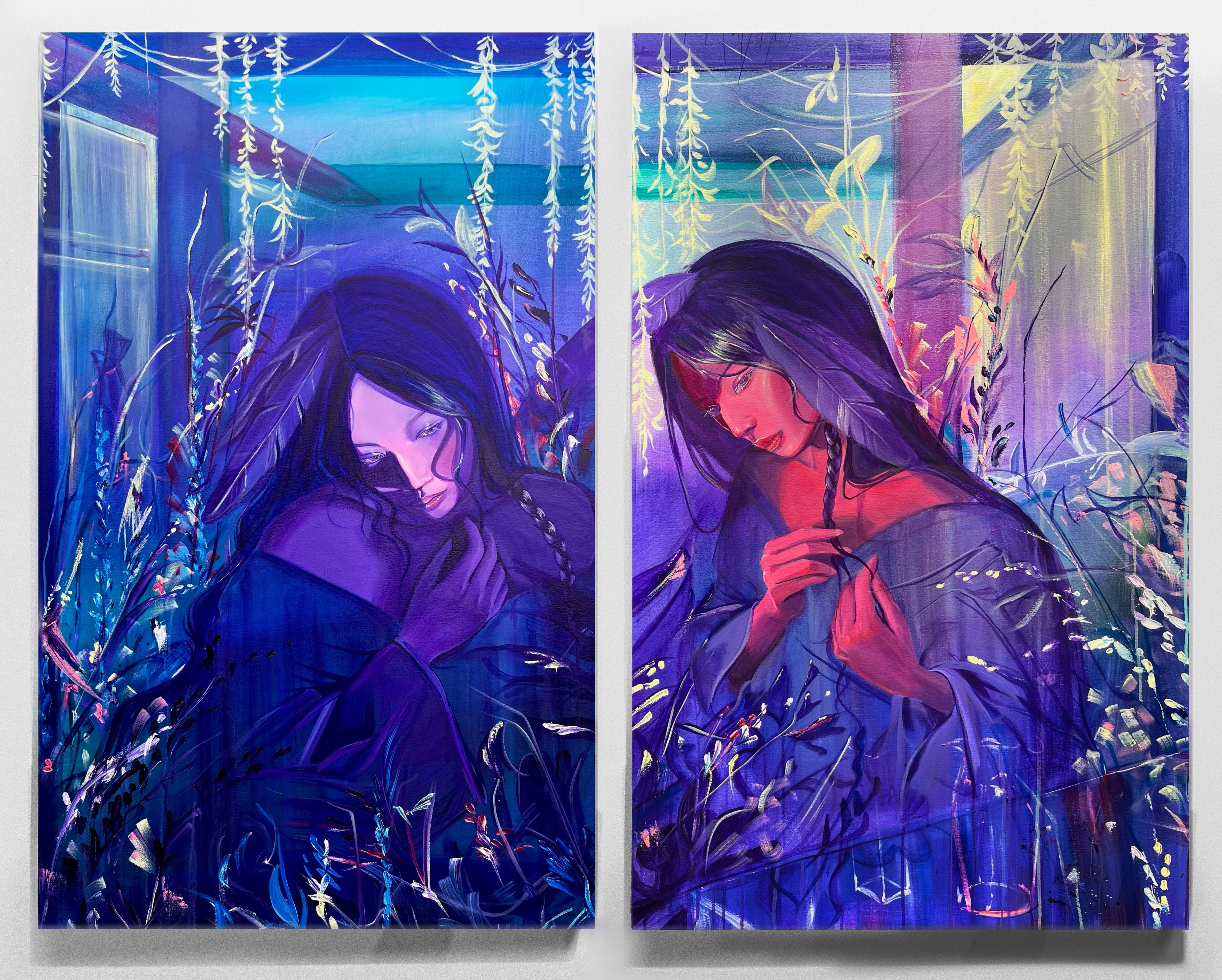 Painting of a contemplative woman on the left and right panels