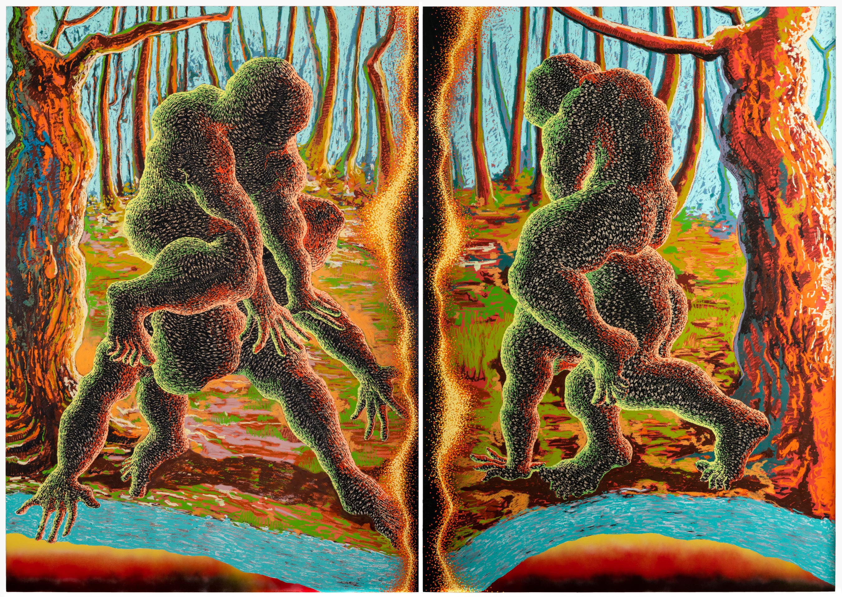 Split painting of abstract figures and limbs intertwining in the forest