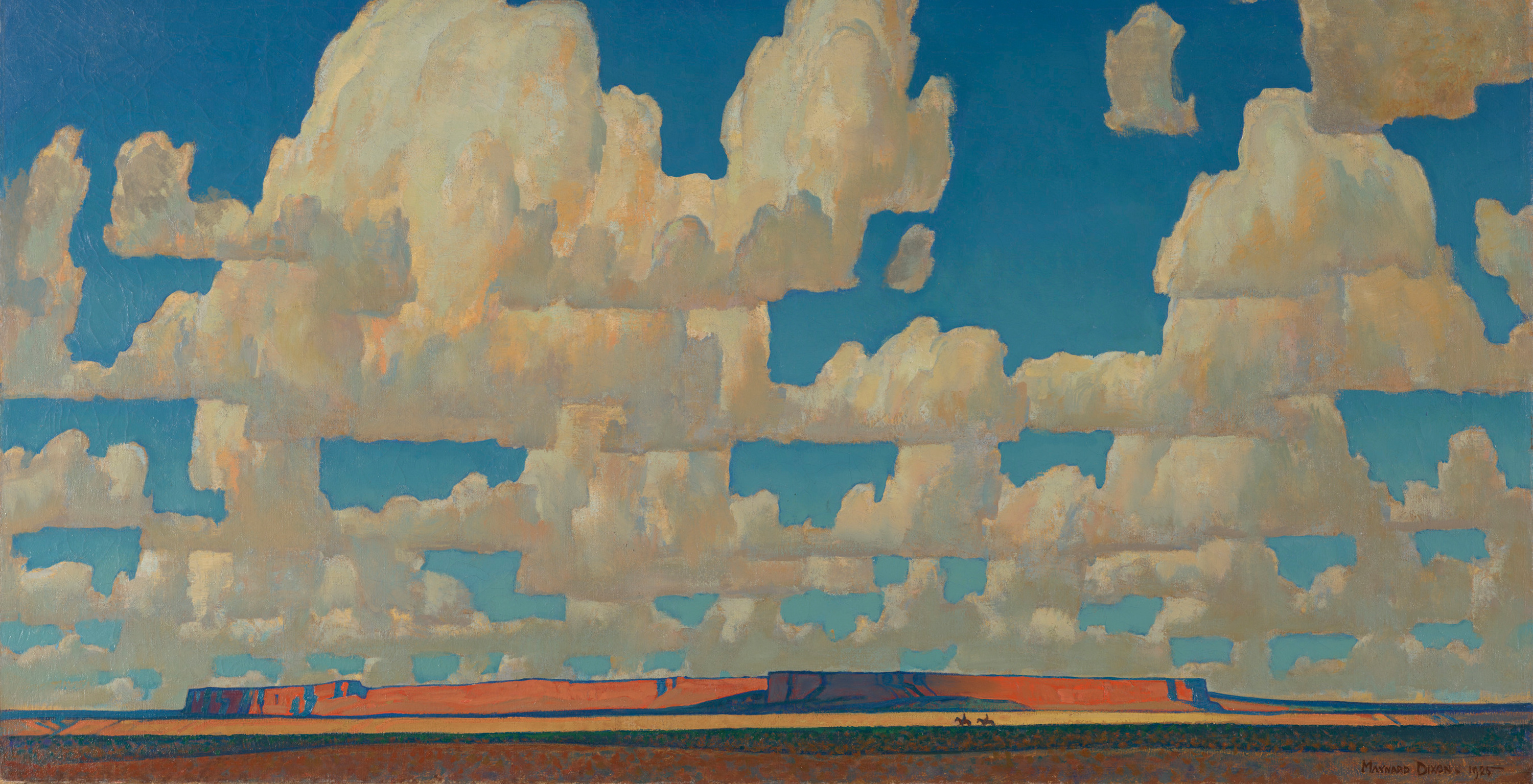 painting of towering banks of clouds over a small mesa with 2 horses and riders far in the distance