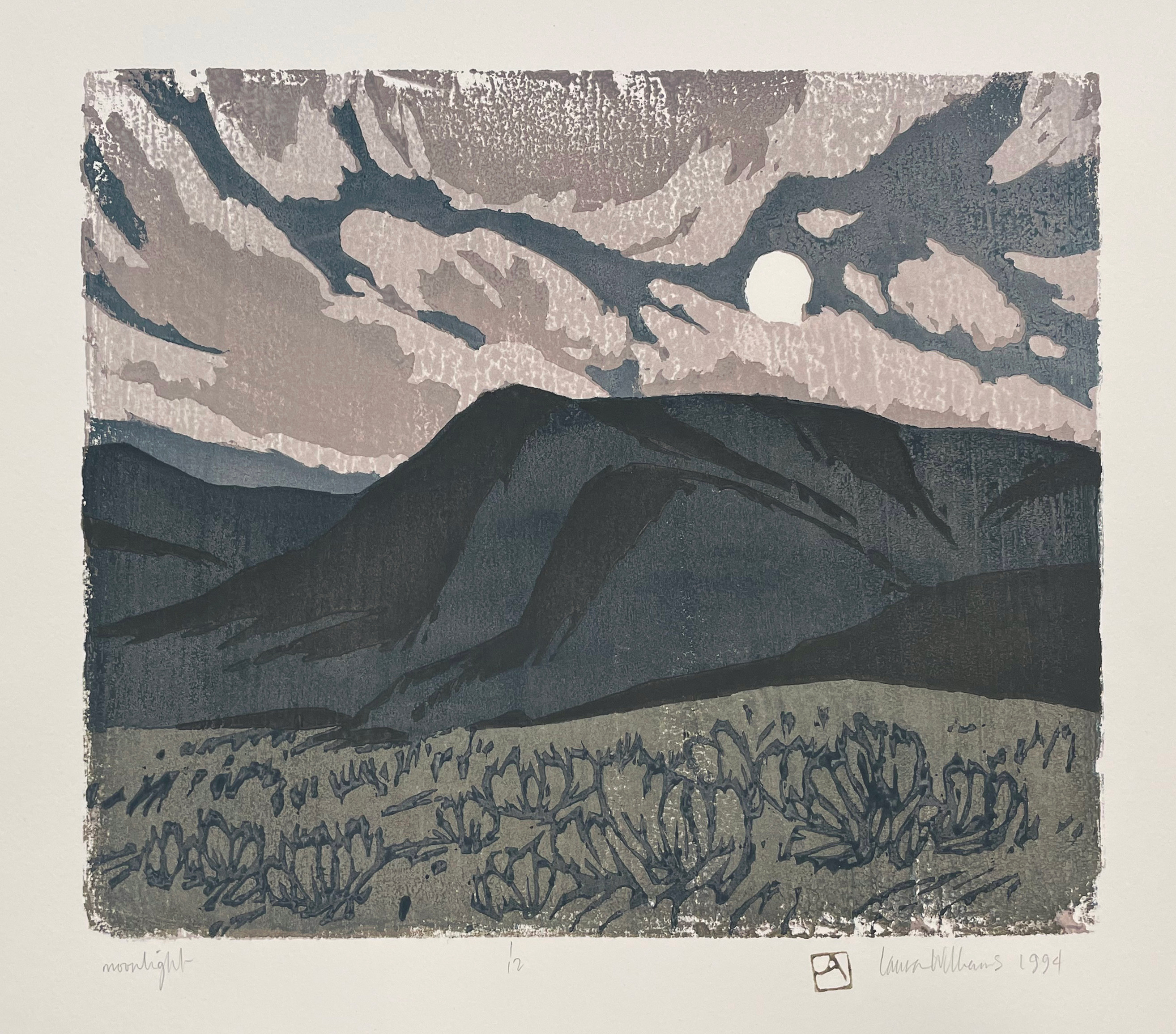 Print of a mountain range in the moonlight
