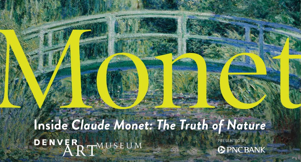 The words Inside Claude Monet: The Truth of Nature superimposed on a detail of Monet's painting called Waterlilies and Japanese Bridge