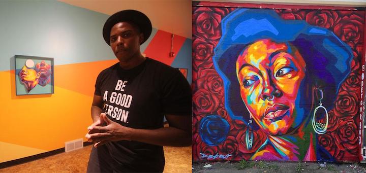 Two photos side by side: the artist Thomas Evans in a gallery and one of his murals of a black woman