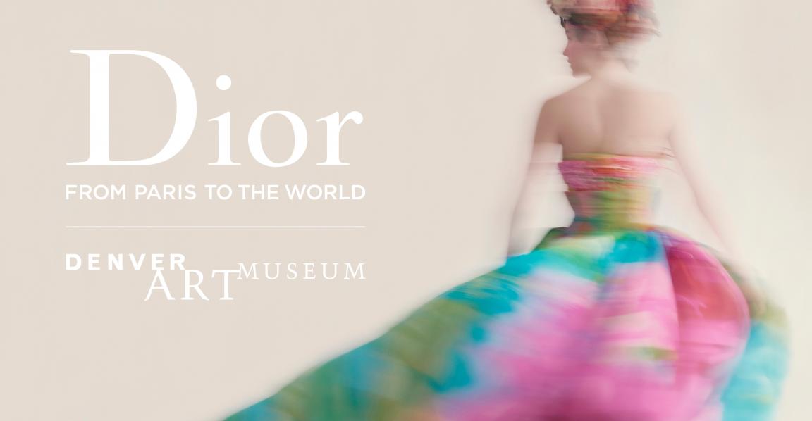 Dior From Paris to the World and model in a colorful Dior dress facing away from the camera