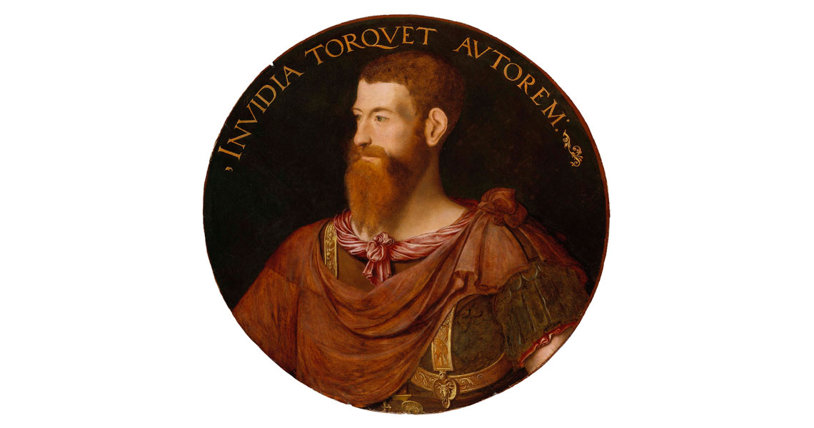 circular portrait of Edward Fiennes de Clinton, 1st Earl of Lincoln, with the words invidia touquet autorem above his head