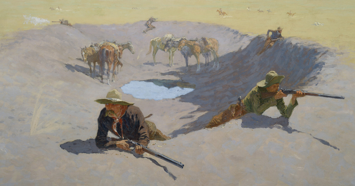 painting of white men with rifles guarding a waterhole