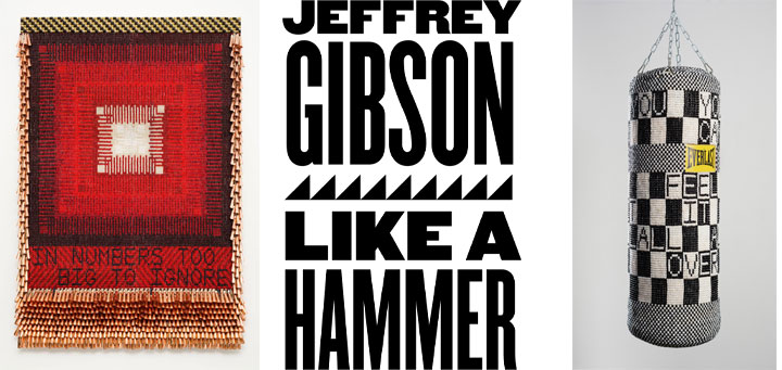 Left to right: beaded wall hanging, Jeffrey Gibson Like a Hammer logo, beaded punching bag