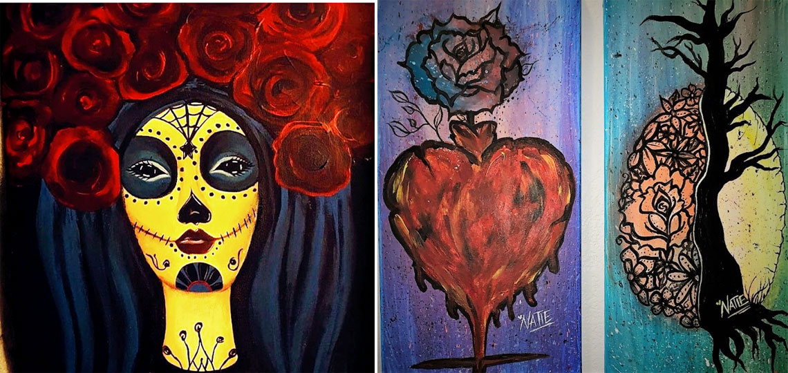 2 paintings from left to right: Dia de Rosa by Shantel Lucero and Love and Mind by  Natie Pacheco