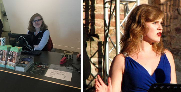 2 photos of Margaret Siegrist, 1 at work at the DAM and one as a singer