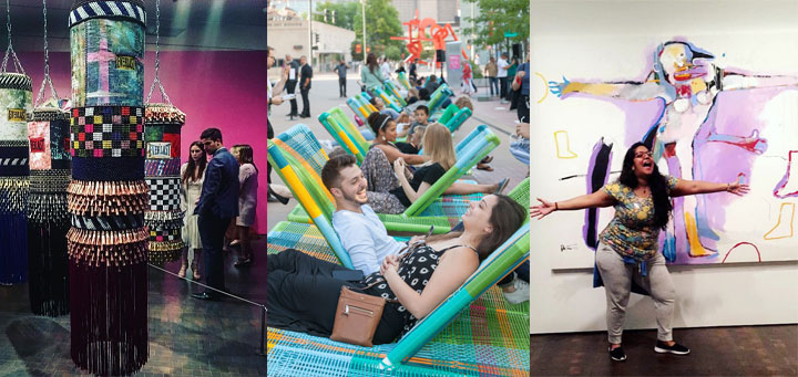 Visitors enjoying the museum at Jeffrey Gibson: Like a Hammer, on the plaza at La Musidora, and in Stampede: Animals in Art