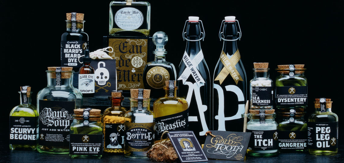 Beard dye, Scurvy-begone, Peg Leg Oil and other pirate products