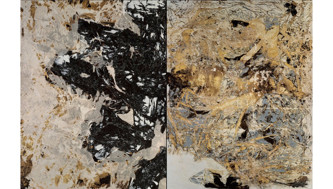 Abstract painting in ash, sepia, gray, golden yellow, matte white, black, and tan called Realness by Mark Bradford