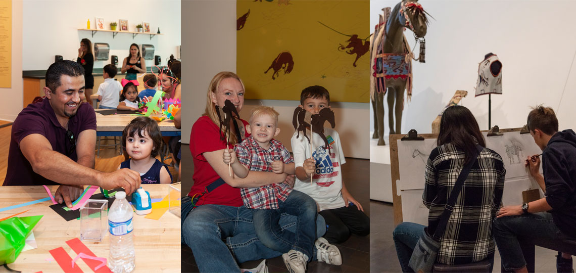 photos of visitors in the Studio and in the Stampede exhibition