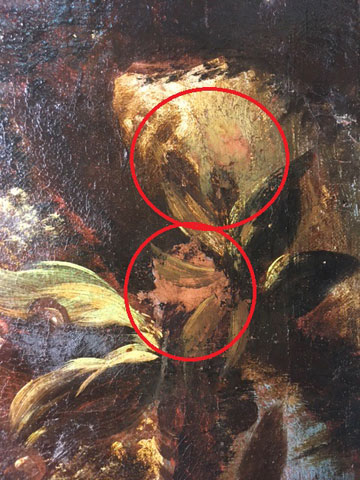 A restorer’s pink putty (lower red circle) and greenish-white/brown oil overpaint (upper red circle) cover areas of paint loss.