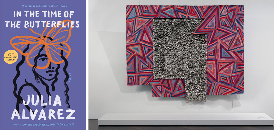 cover of In the Time of the Butterflies and a gallery image of the textile wall hanging called Butterfly