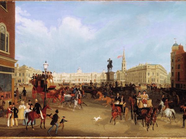 James Pollard British, 1792-1867 Trafalgar Square, about 1838–39 Oil paint on canvas Signed and indistinctly dated at lower left, J Pollard 183[?] Gift of the Berger Collection Educational Trust, 2018.18