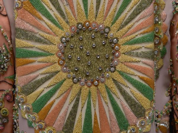 Silk chiffon printed with “Gioielli” motif and beads