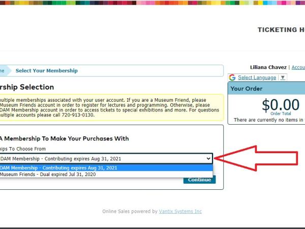 Select your Museum Friends account from the drop down menu before clicking continue.