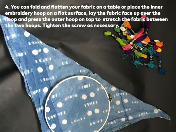 Step 4: You can fold and flatten your fabric on a table or place the inner embroidery hoop on a flat surface, lay the fabric face up over the hoop and press the outer hoop on top to stretch the fabric between the two hoops. Tighten the screws as necessary.