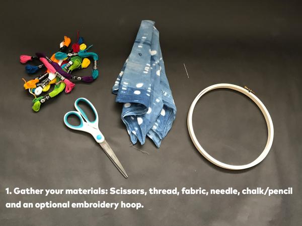 Step 1: Gather your materials: scissors, thread, fabric, needle, chalk/pencil and an optional embroidery hoop.