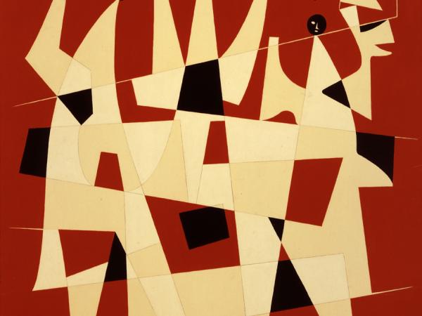 Abstract geometric figure of birds in red, black, and yellow